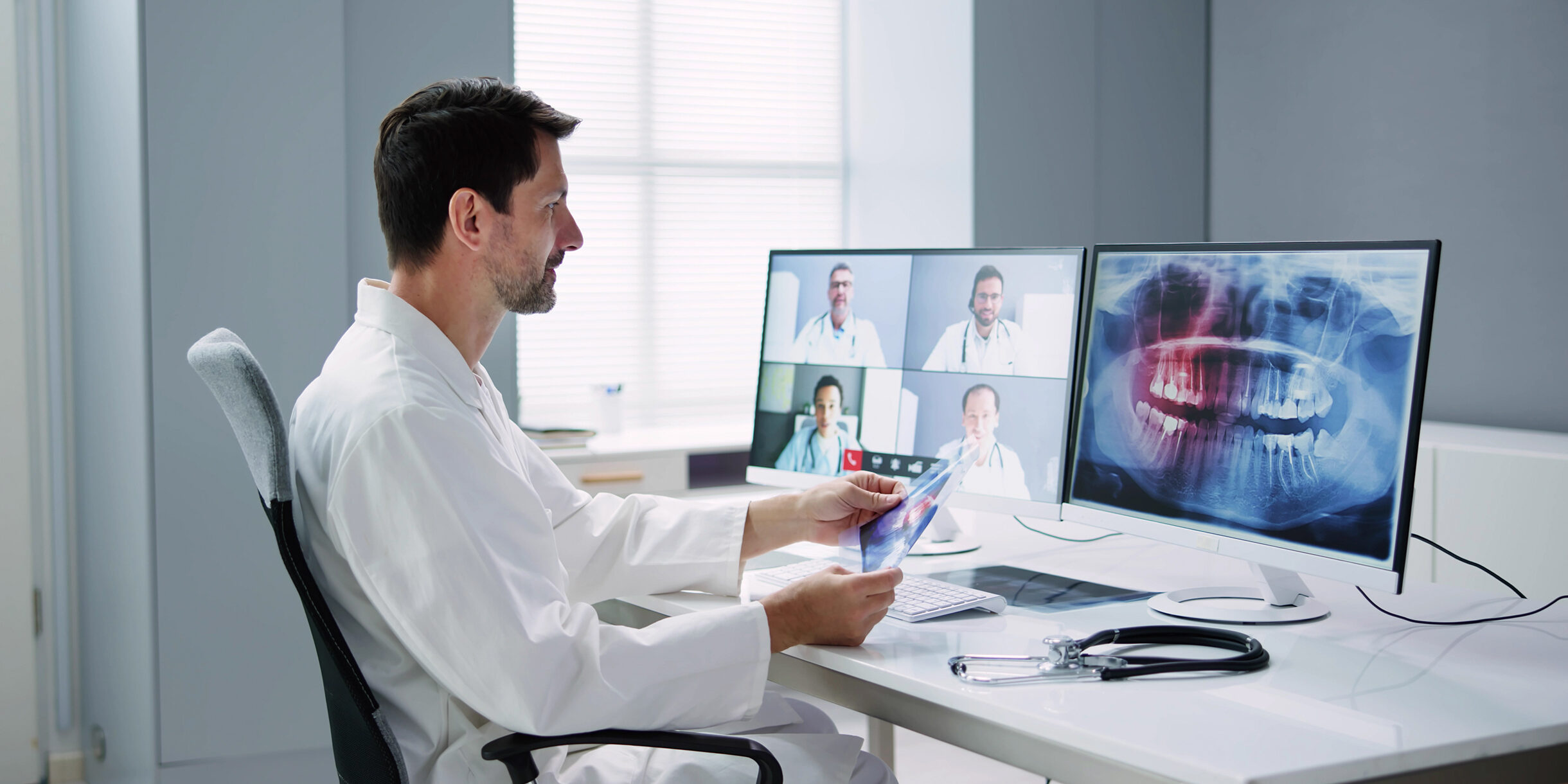 Online Dentist Video Conference On Computer. Learning Webinar