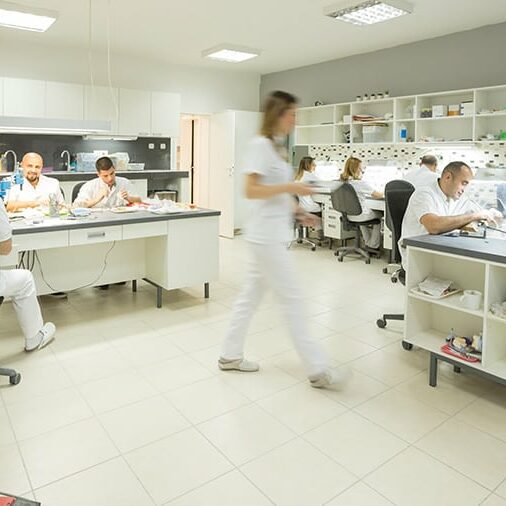 View of busy dental laboratory